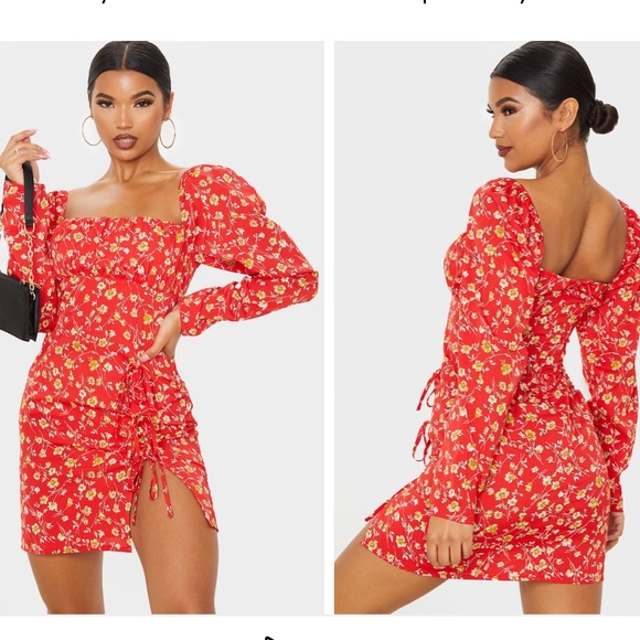 Red Floral Side Split Dress NWOT - Picture 2 of 4